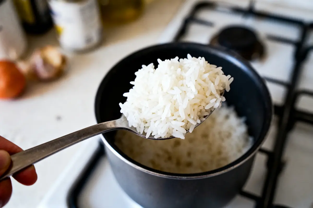 Cuillère de riz blanc au-dessus d'une casserole sur une cuisinière, cuisine en arrière-plan floue.