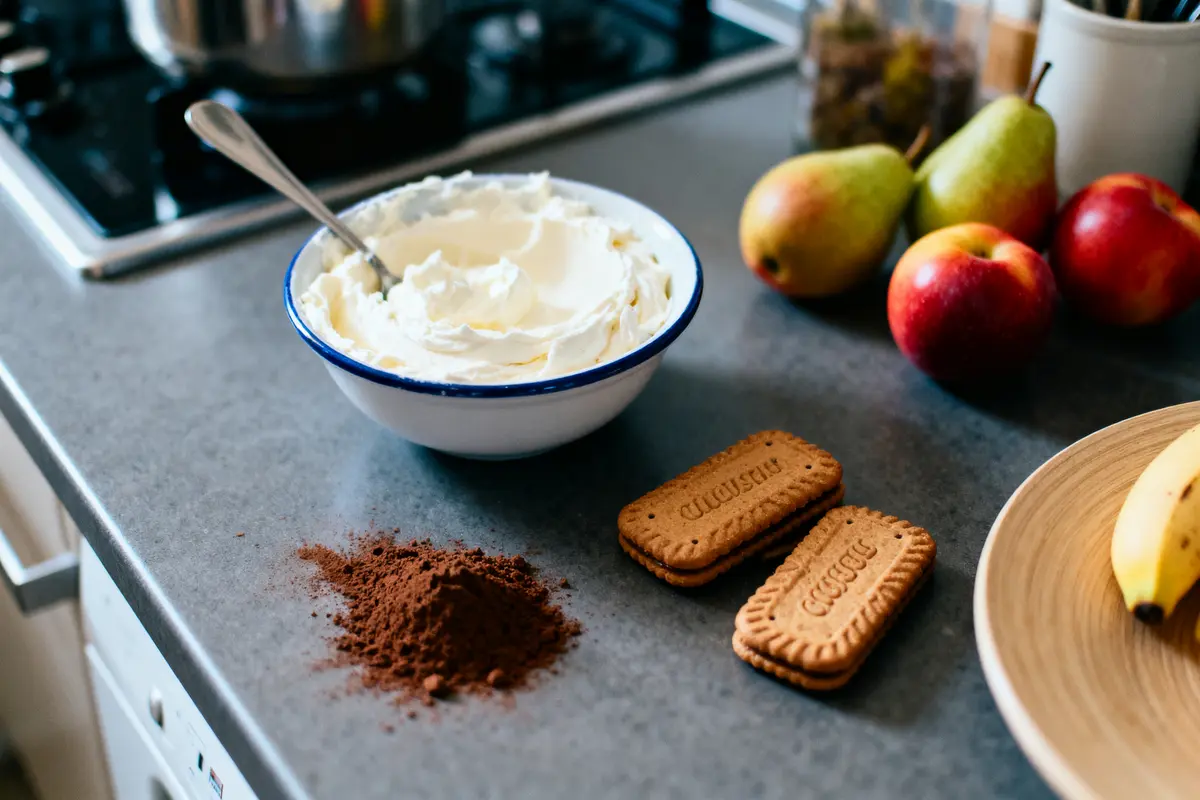 Bol de crème, poudre de cacao, biscuits, poires, pommes, et banane sur un comptoir de cuisine.