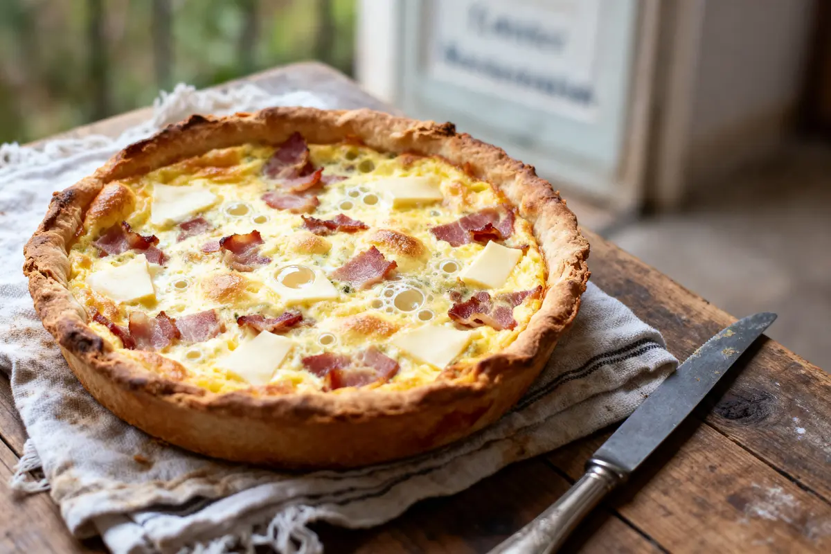 Quiche maison avec lardons et fromage sur torchon, planche en bois, couteau à côté.