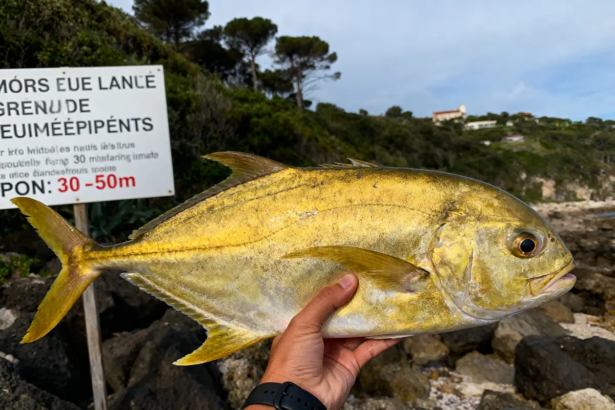 Poisson doré tenu en main, fond de paysage rocheux et pancarte floue.