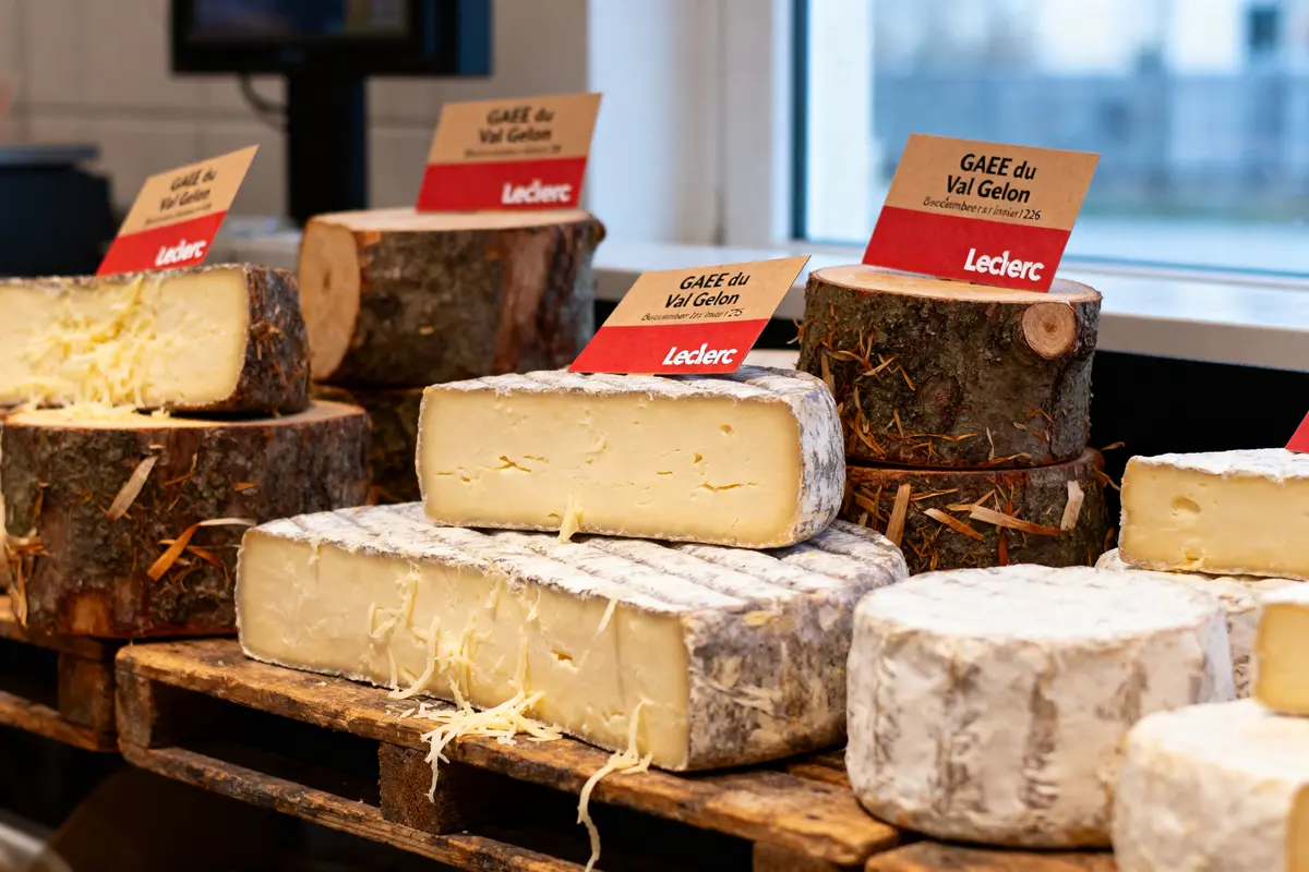 Fromages sur rondins de bois, étiquetés "GAEC du Val Gelon" et "Leclerc", présentés sur étagères en bois.