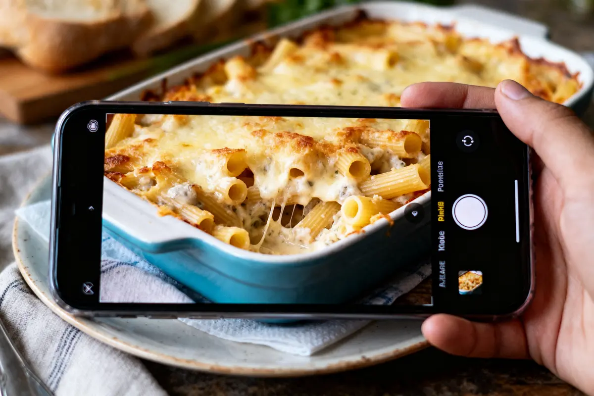 Main tenant un téléphone photographiant un gratin de pâtes au fromage dans un plat bleu.
