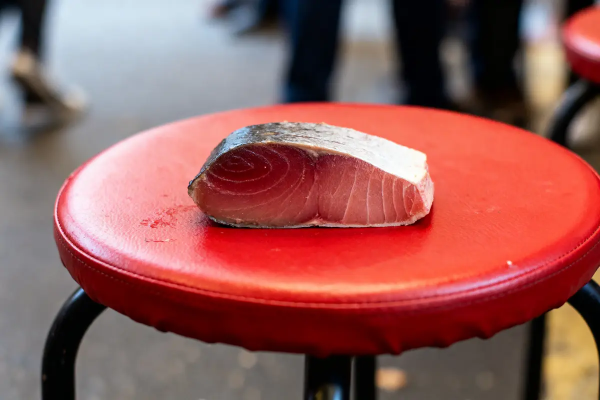 Tranche de poisson cru posée sur un tabouret rouge dans un environnement flou.