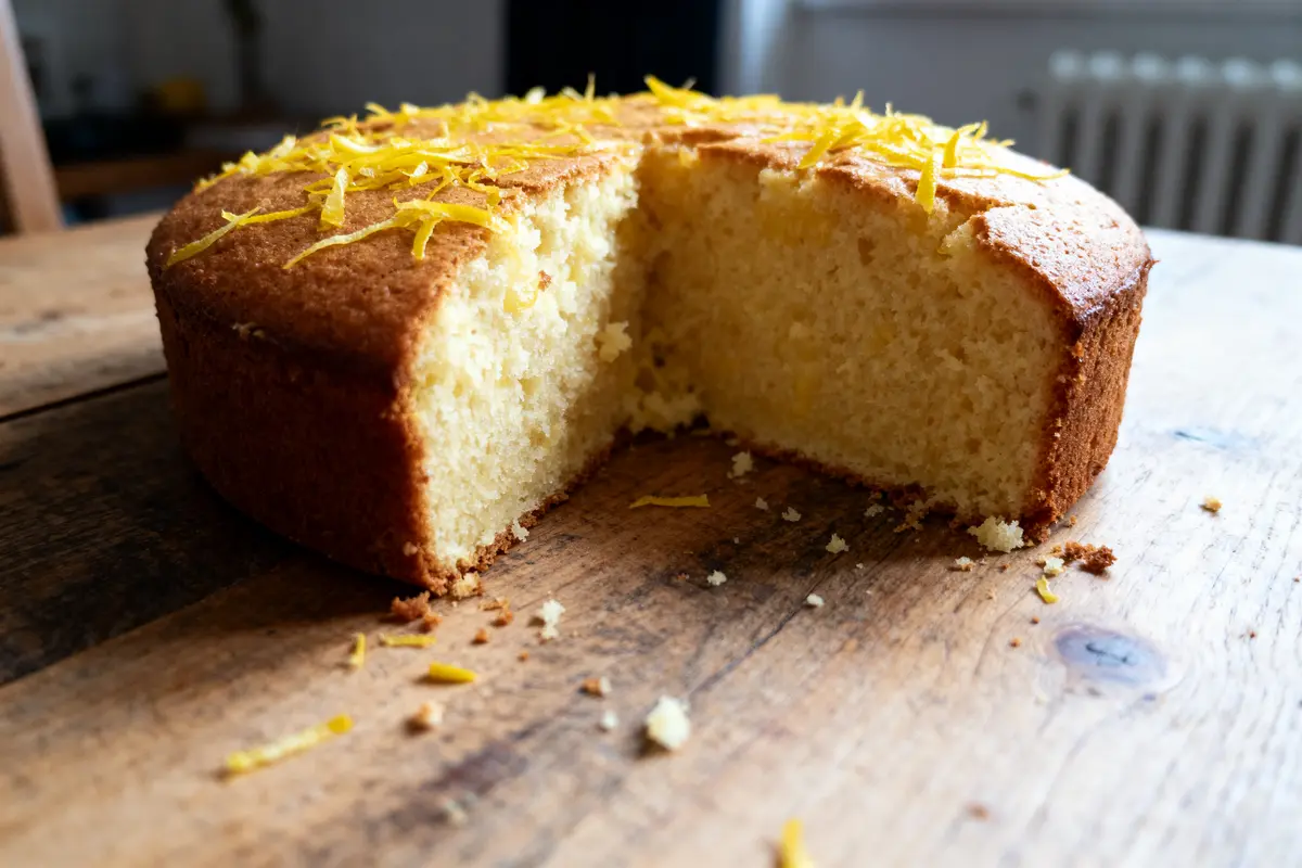 Gâteau rond citronné sur table en bois, une part manquante, décoré de zestes de citron sur le dessus.