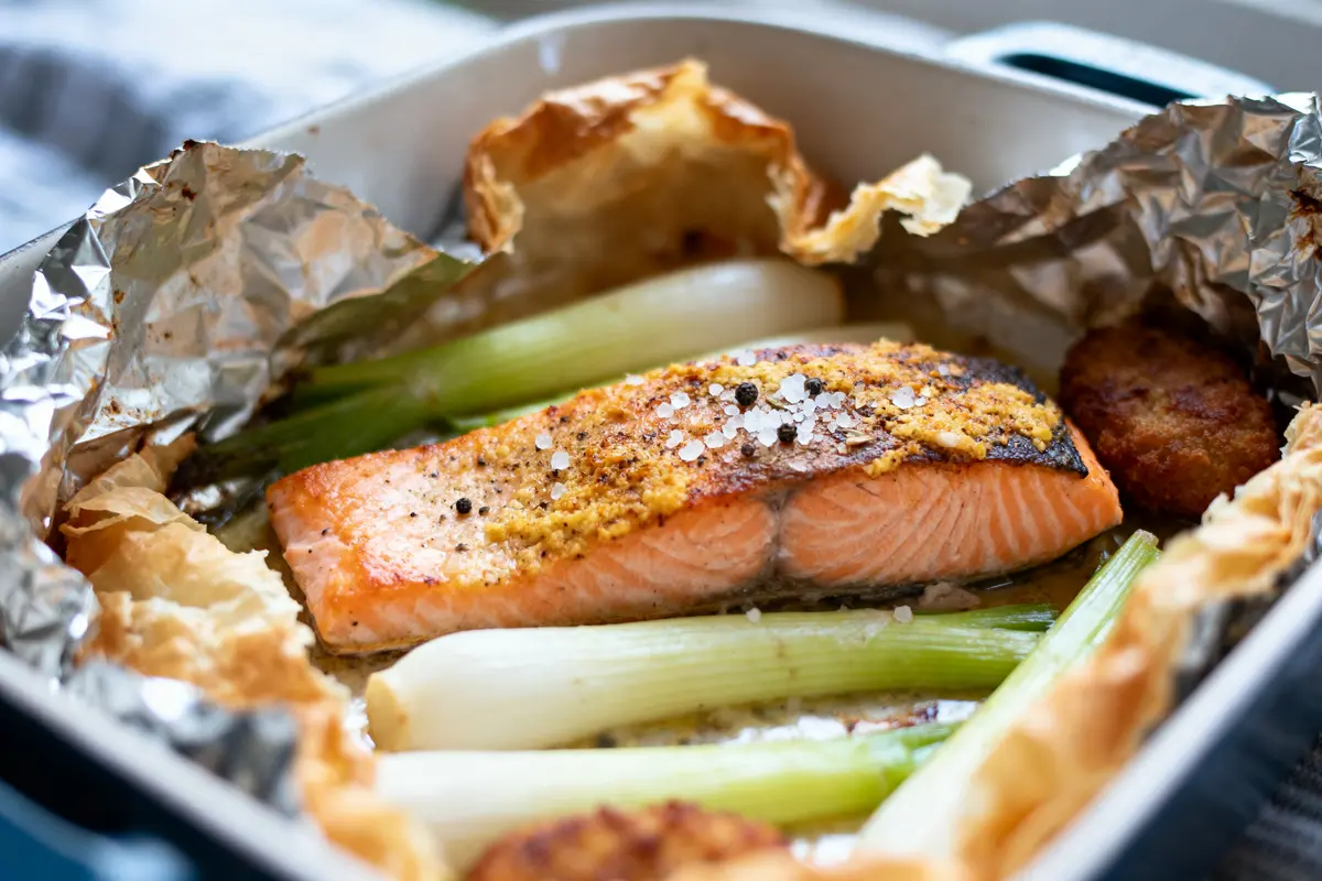 Saumon rôti avec croûte dorée, poireaux, et pommes de terre dans une assiette en aluminium.