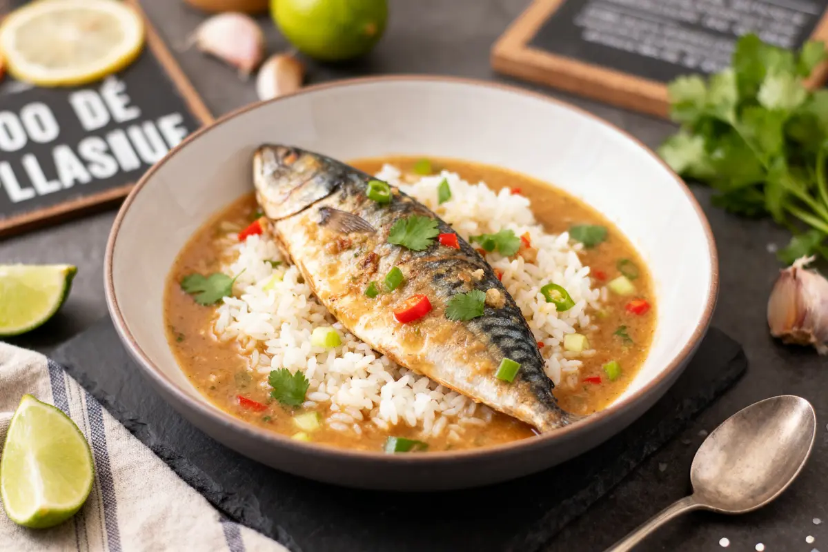 Un plat de poisson grillé sur riz avec sauce, piments, coriandre, lime et ail.