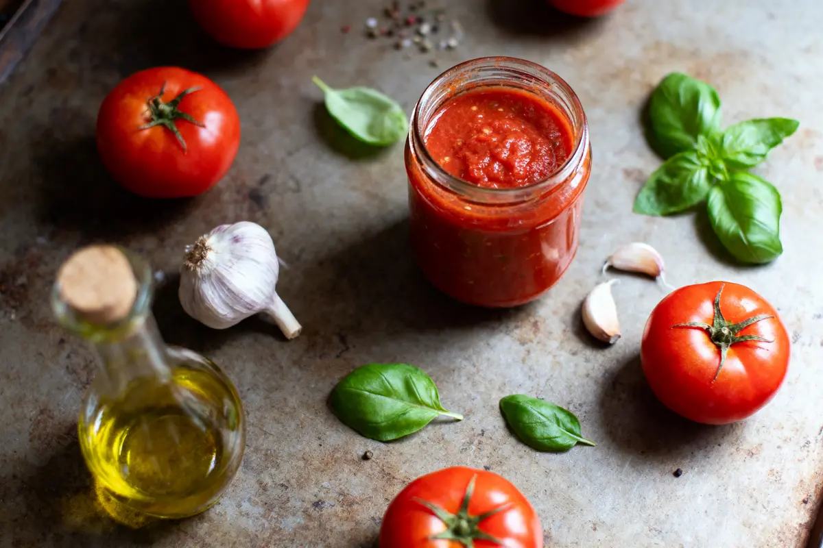 Pot de sauce tomate, entouré de tomates fraîches, huile d'olive, ail et feuilles de basilic sur table.
