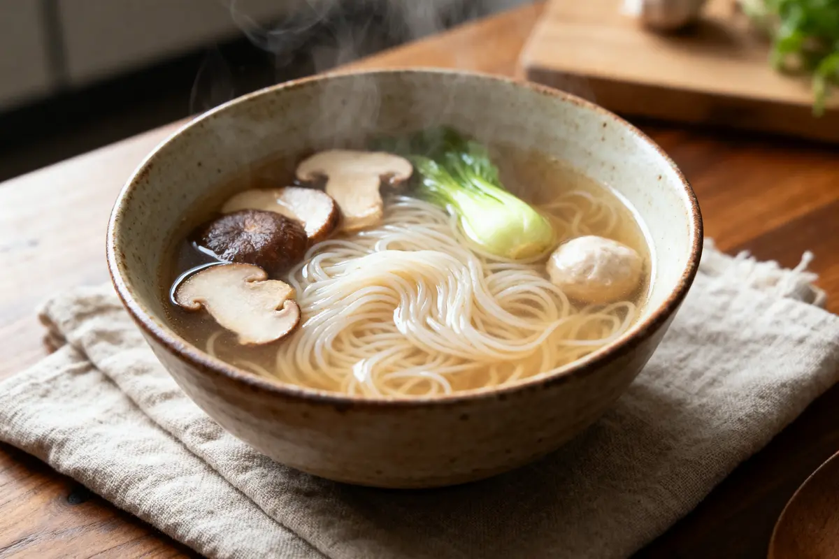 Bol de soupe avec nouilles, champignons, pak choï et boule de viande sur nappe en lin.