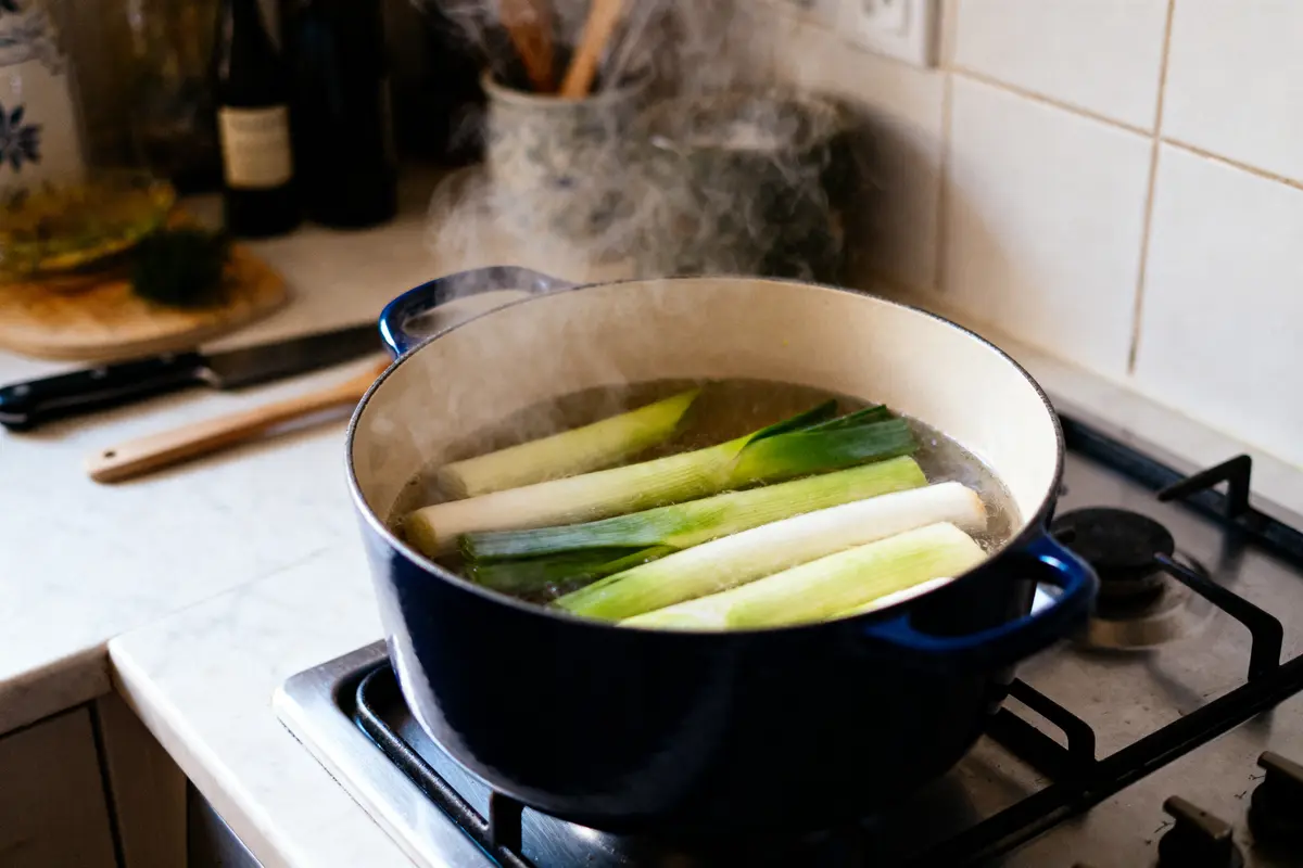Casserole bleue sur feu cuisant des poireaux à l'eau avec vapeur en cuisine lumineuse.