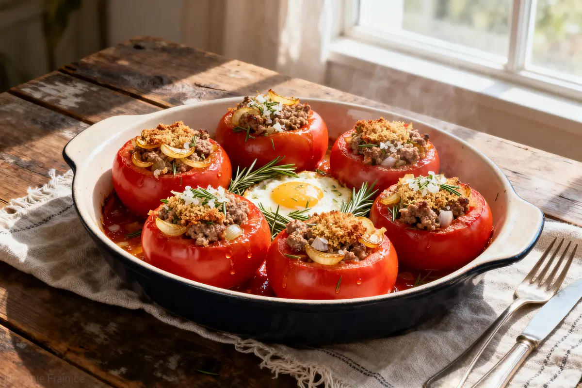 Tomates farcies à la viande avec œuf et herbes, dans un plat sur table en bois.