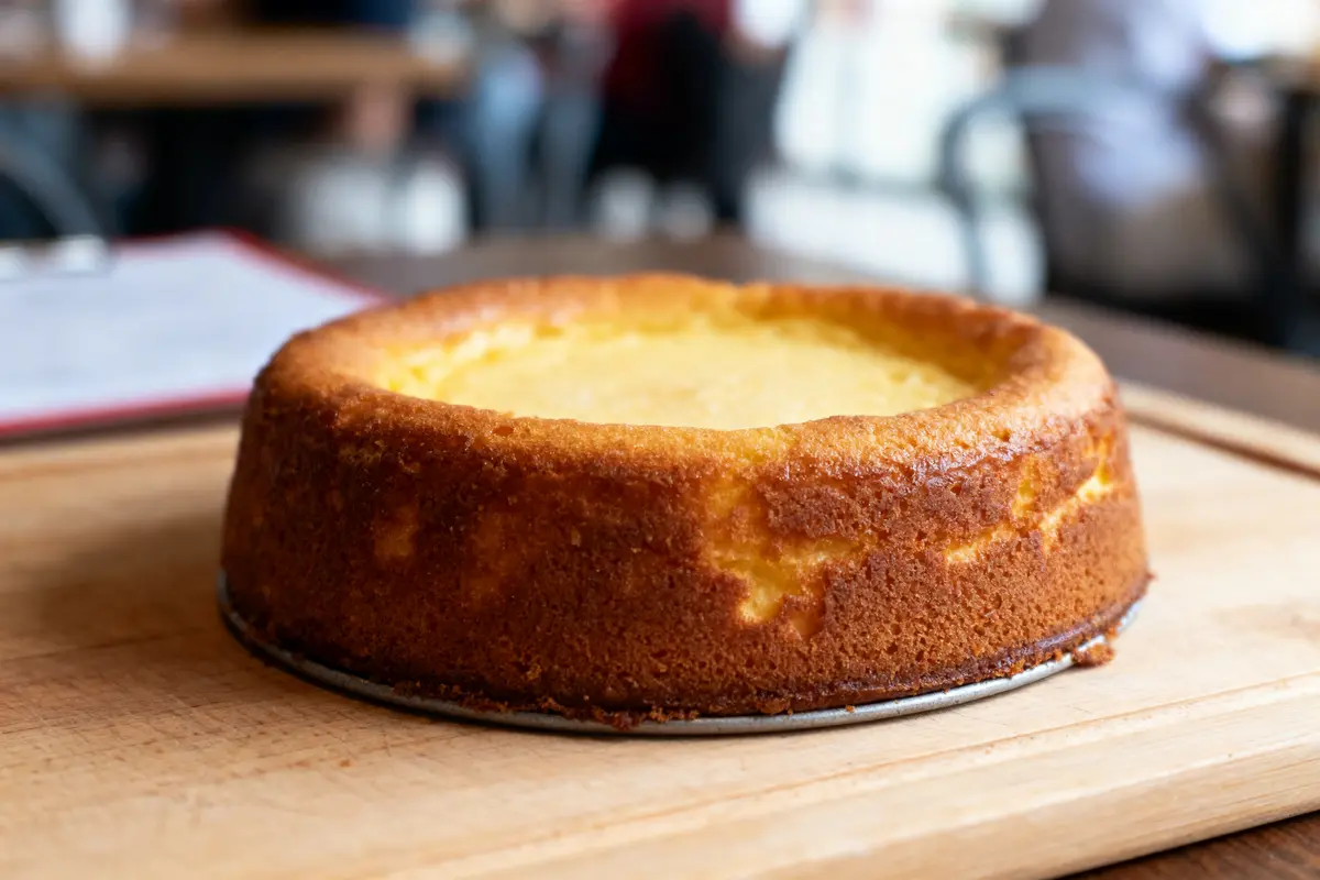 Gâteau doré, rond, posé sur une planche en bois, arrière-plan flou de restaurant.