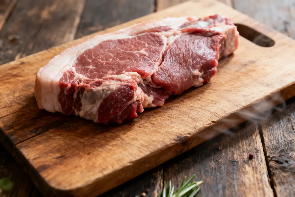 Tranche de viande crue sur une planche en bois, table de cuisine rustique.