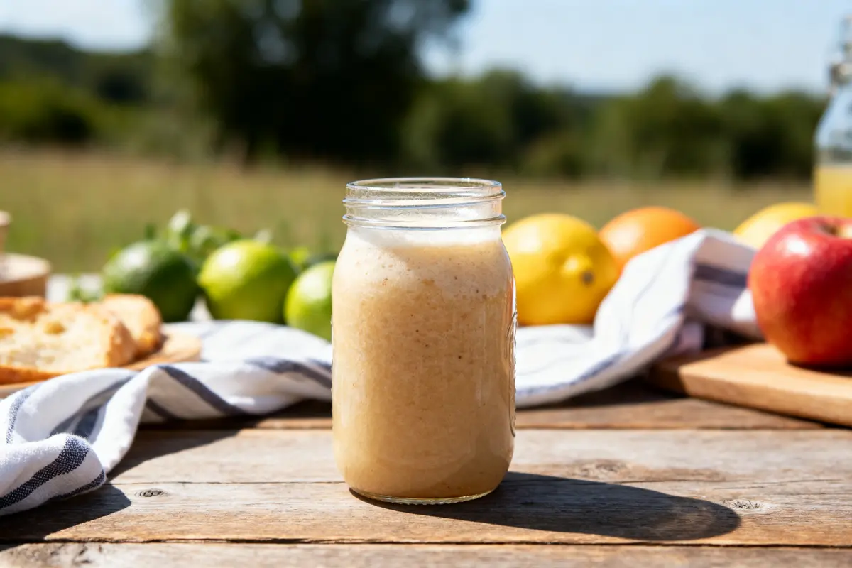 Smoothie nature dans un bocal entouré de fruits au soleil mesurant 33 cl en ml