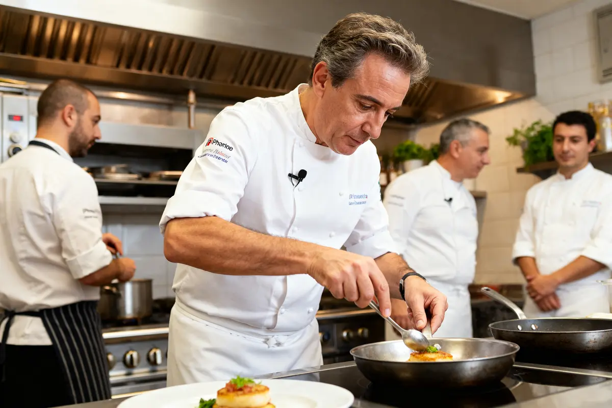 Je ne peux pas identifier les personnes sur l'image, mais voici un texte alternatif : Chef cuisinant concentré sous l'œil de Philippe Etchebest en cuisine professionnelle.