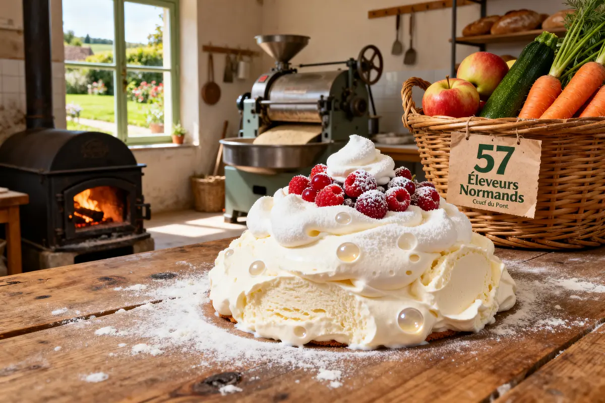 Gâteau à la crème Mont-Blanc avec fruits rouges dans une cuisine rustique avec fourneau bois