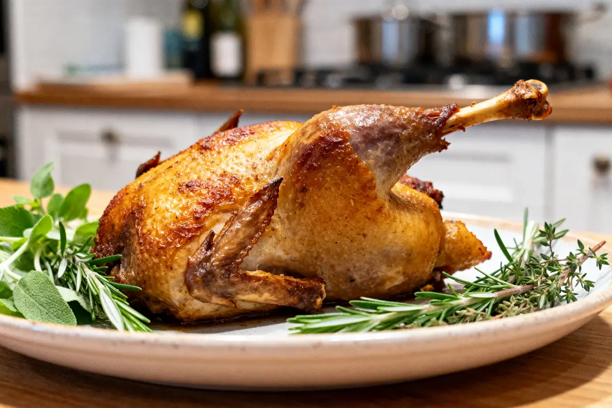 Cuisse de pintade au four entourée d'herbes aromatiques sur plat de cuisine