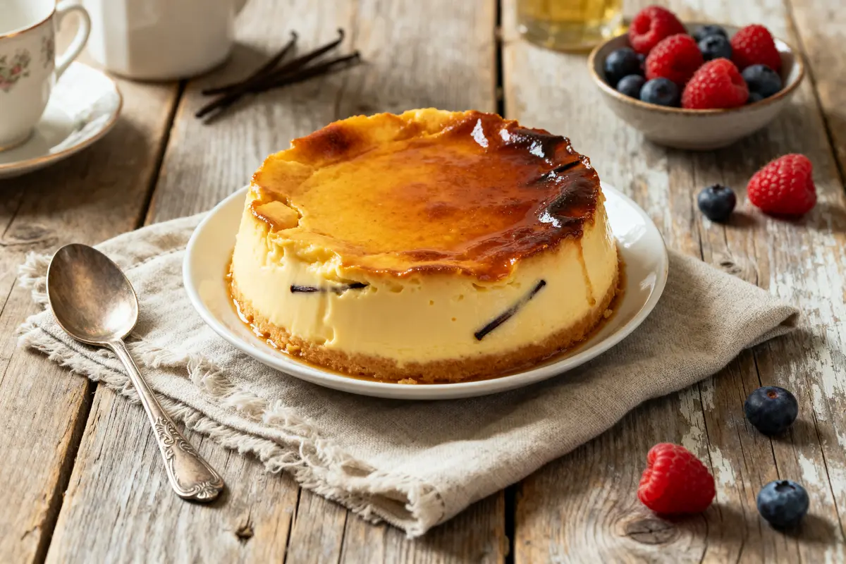 Flan pâtissier grand-mère sur table en bois avec fruits rouges et cuillère vintage