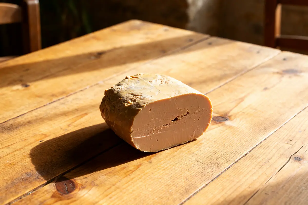 Bloc de foie gras maison sur une table en bois éclairée par le soleil