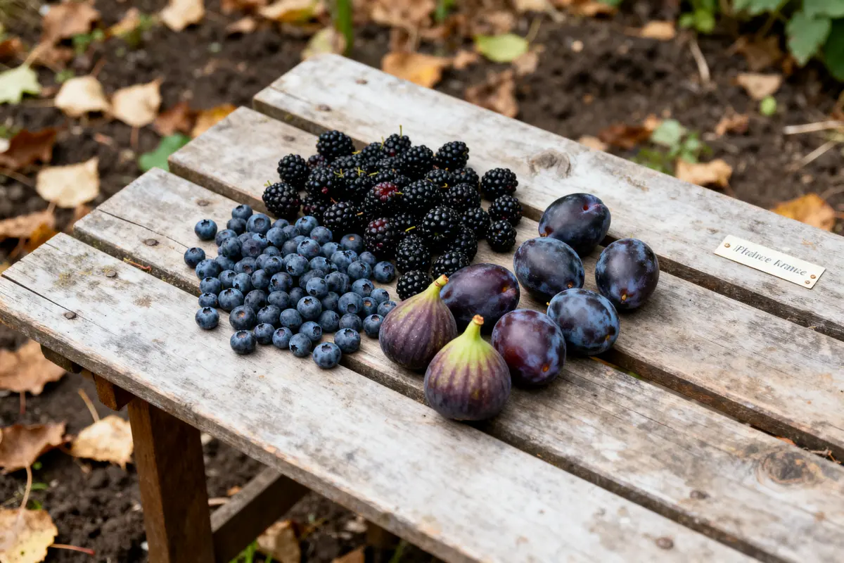 Divers fruits noirs sur table en bois avec figues, prunes, mûres et myrtilles