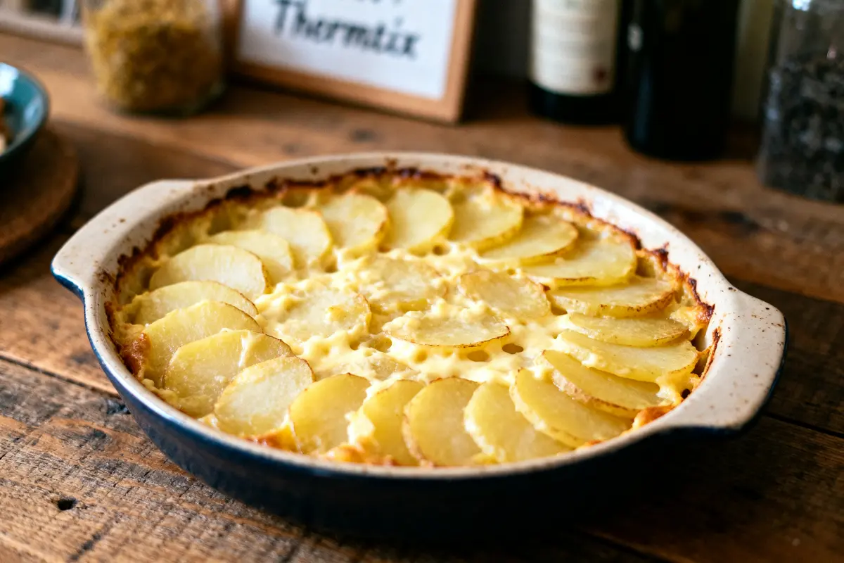 Plat de gratin dauphinois au Thermomix doré et crémeux sur une table rustique