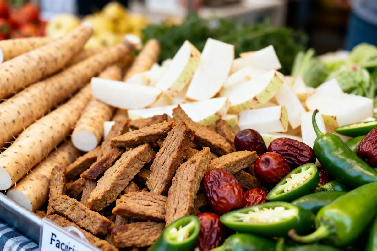 Marché de légumes en J: jicama, jalapeños et ingrédients divers exposés sur un étal coloré