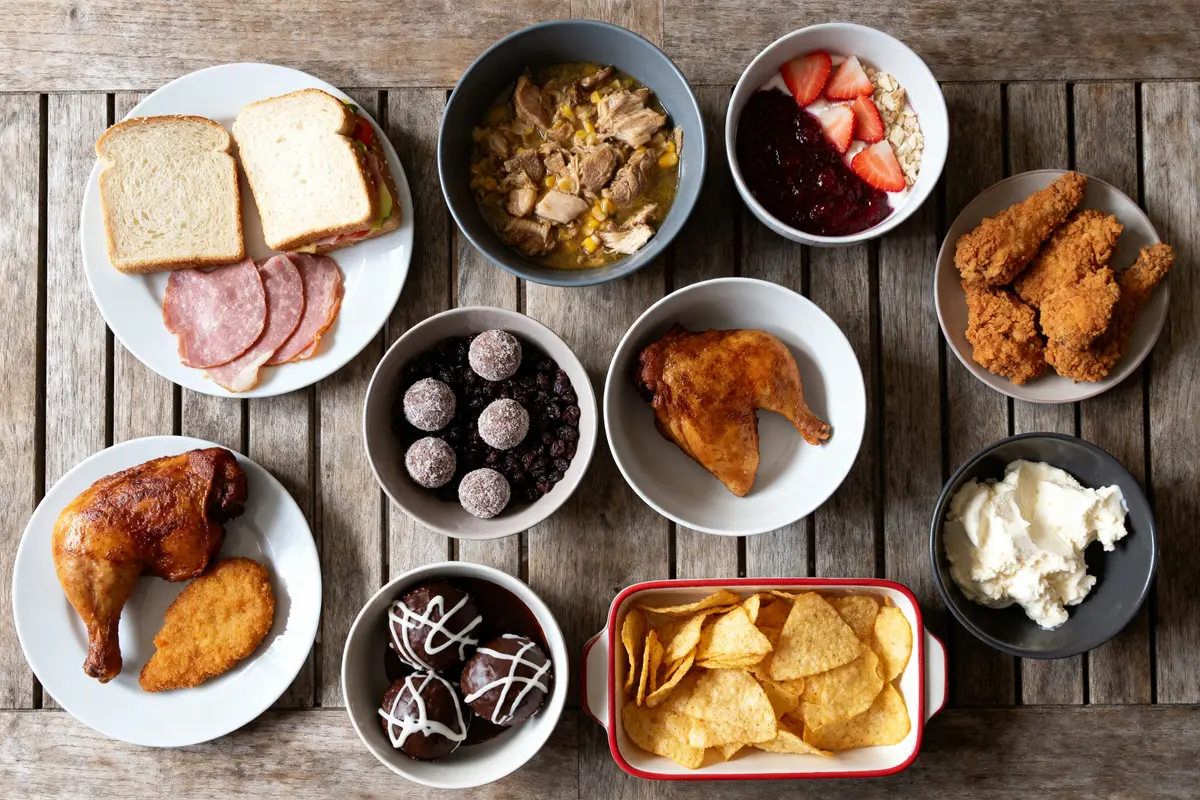 Assortiment de malbouffe sur une table, comprenant les pires aliments pour le pancréas