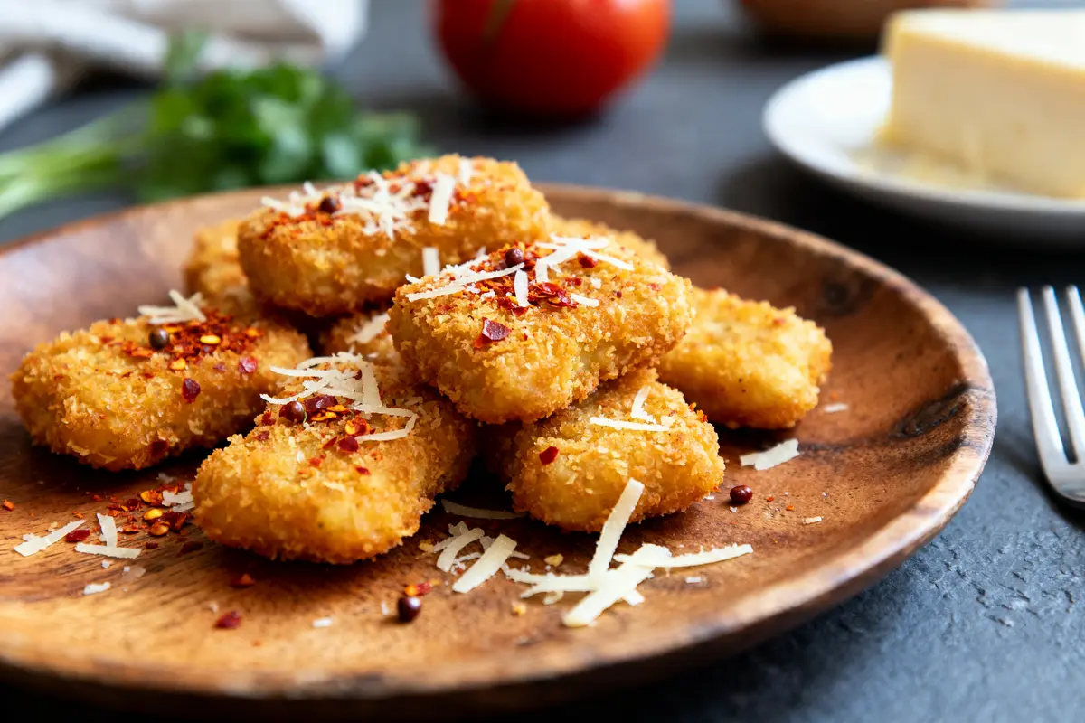 Nuggets à l'air fryer croustillants garnis de parmesan et chili sur assiette en bois