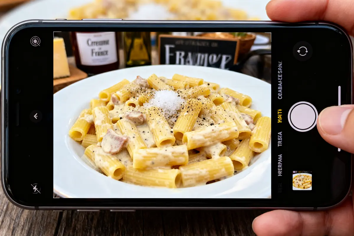 Une assiette de pâtes au fromage crémeuses photographiée sur un smartphone