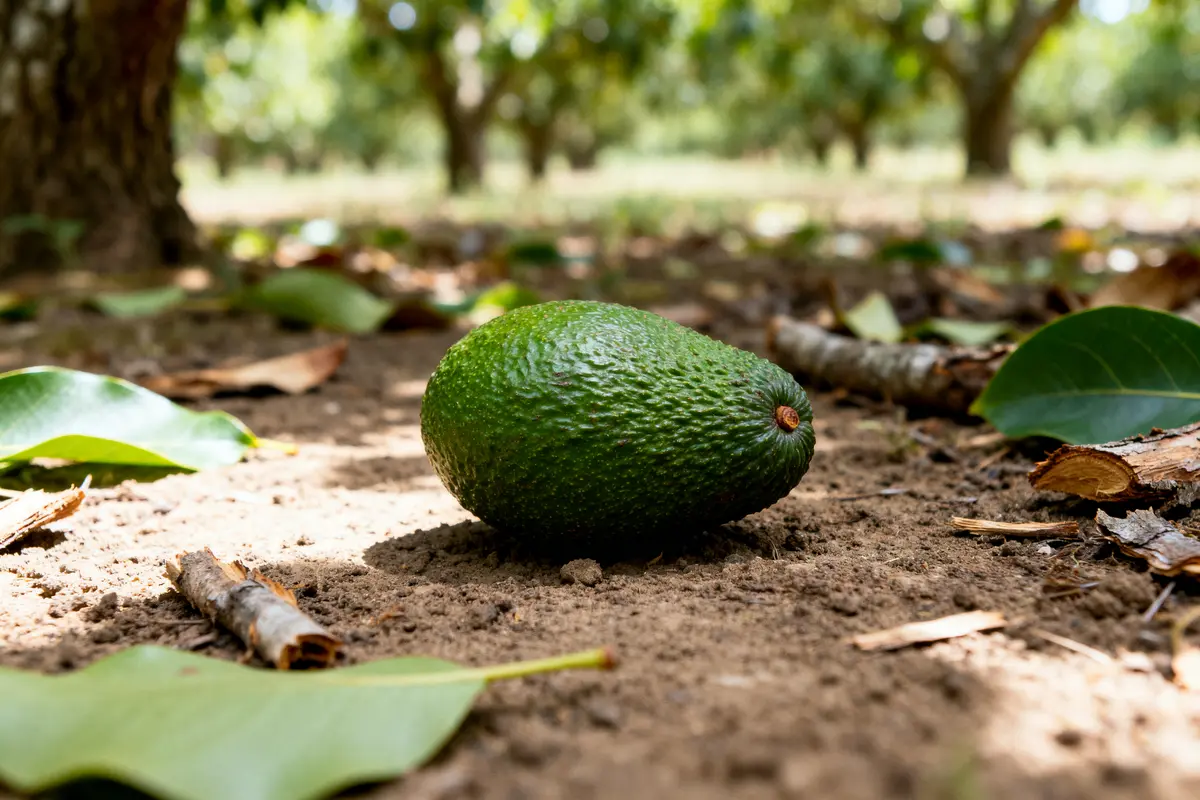 Avocat mûr sur sol terreux d'un verger illustrant le poids d'un avocat typique