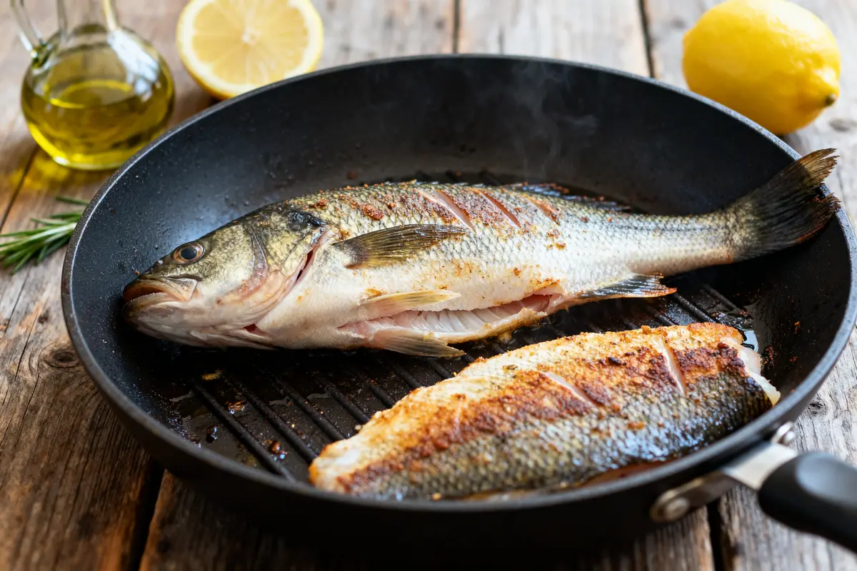 Black-bass entier et filet cuisinés dans une poêle pour une recette de black-bass