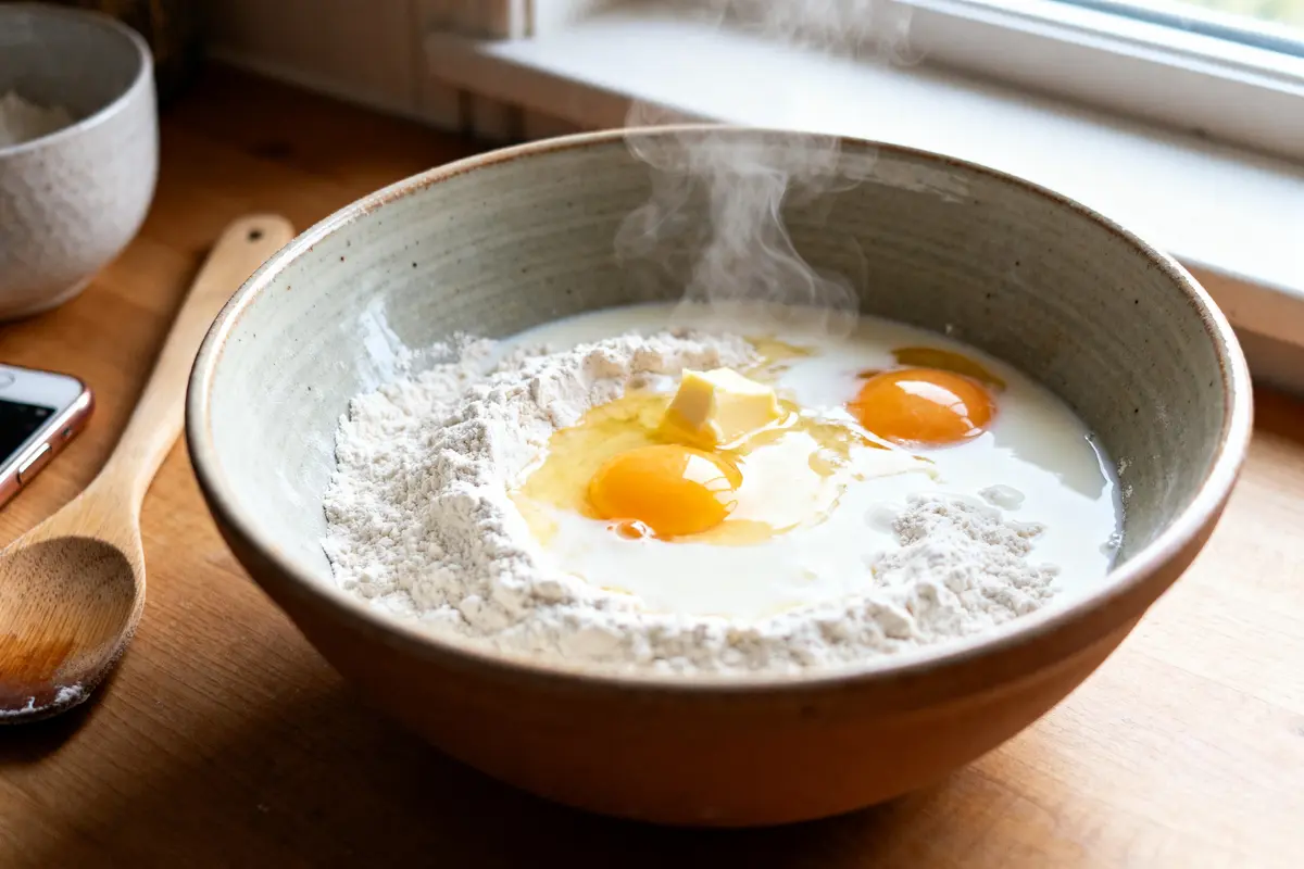 Ingrédients pour recette de far breton de grand-mère dans un bol en préparation
