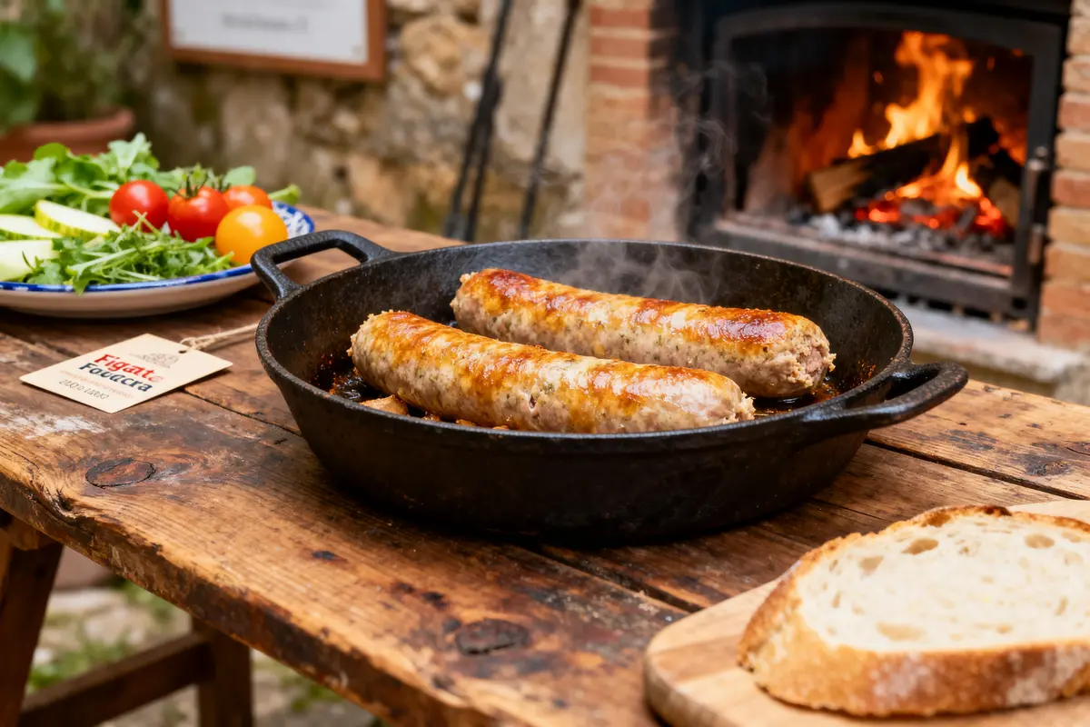 Saucisses figatelli grillées dans une poêle près d'une cheminée recette de figatelli rustique