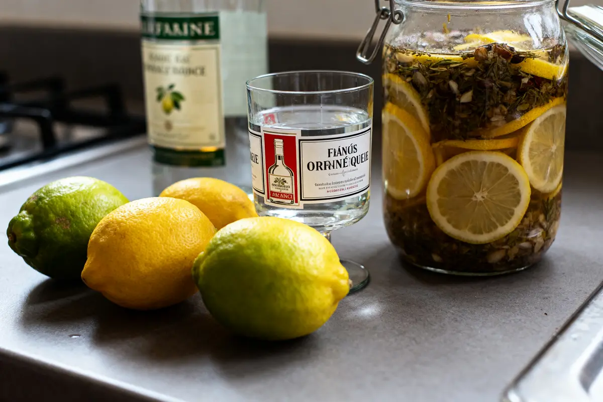 Citrons et bocaux sur le plan de travail pour recette de limoncello maison.