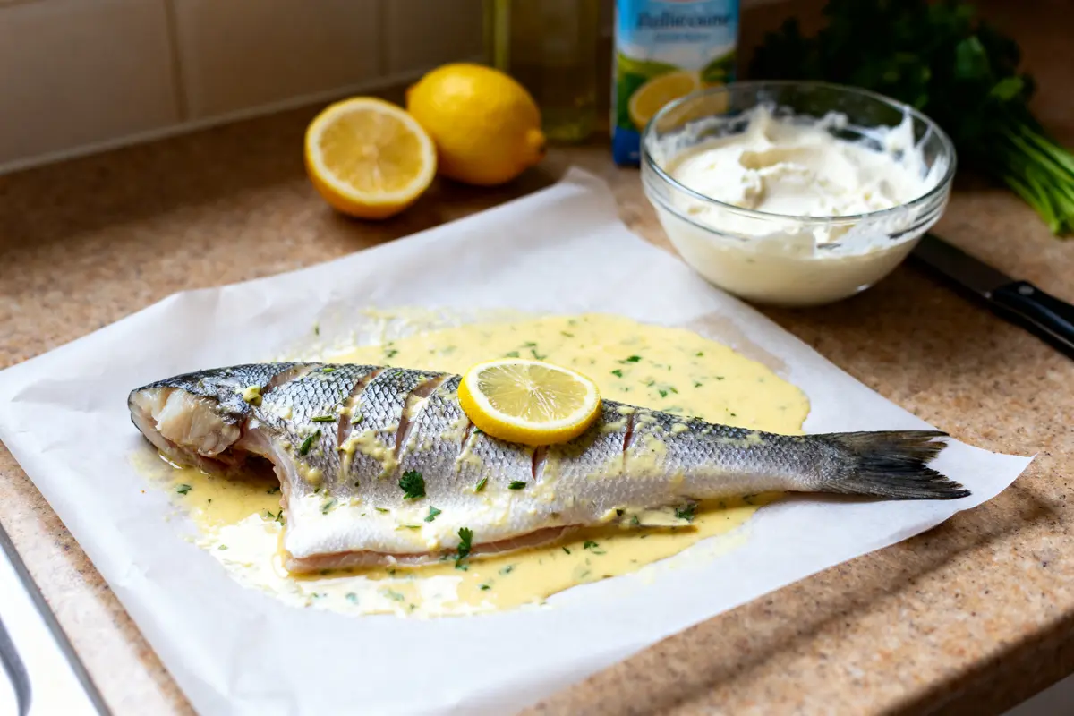 Poisson entier avec citron sur papier cuisson pour recette de poisson en sauce crémeuse