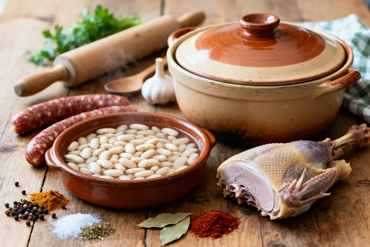 Ingrédients traditionnels pour recette grand-mère de cassoulet maison sur table en bois rustique