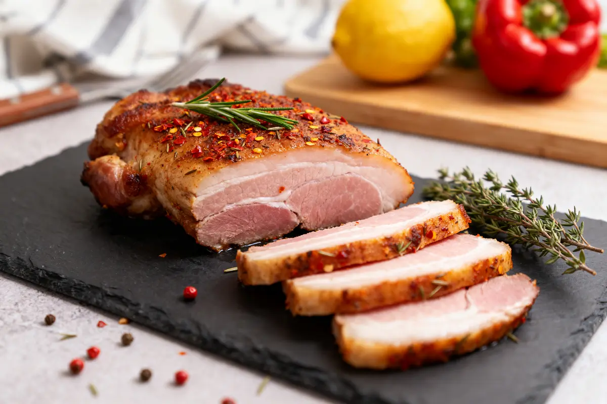 Tranches de pluma de porc grillées avec épices, idéal pour recettes de pluma de porc