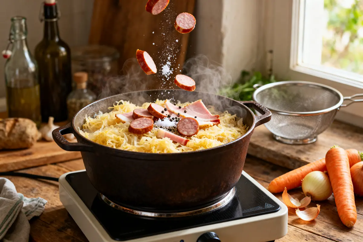 Saucisses ajoutées dans une casserole pour réchauffer la choucroute à feu doux en cuisine