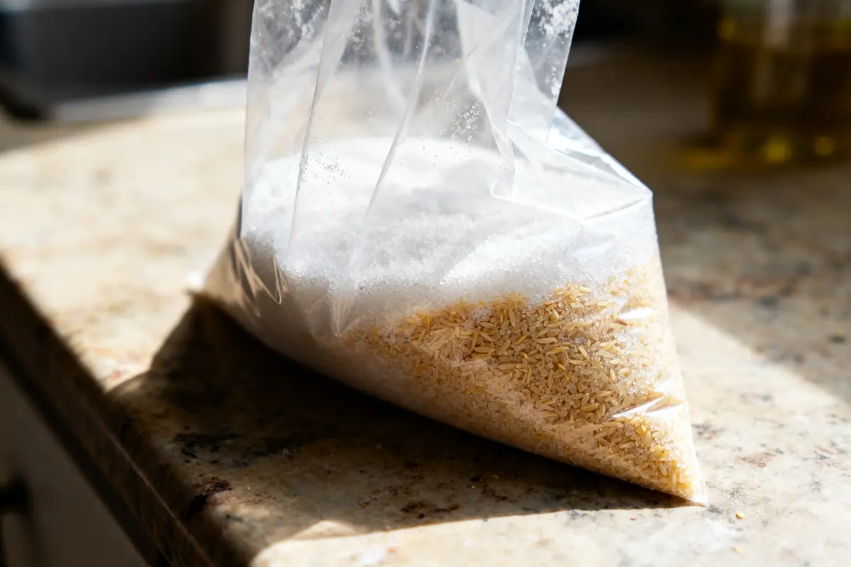 Sac transparent contenant sucre glace mélangé à riz sur une table de cuisine ensoleillée