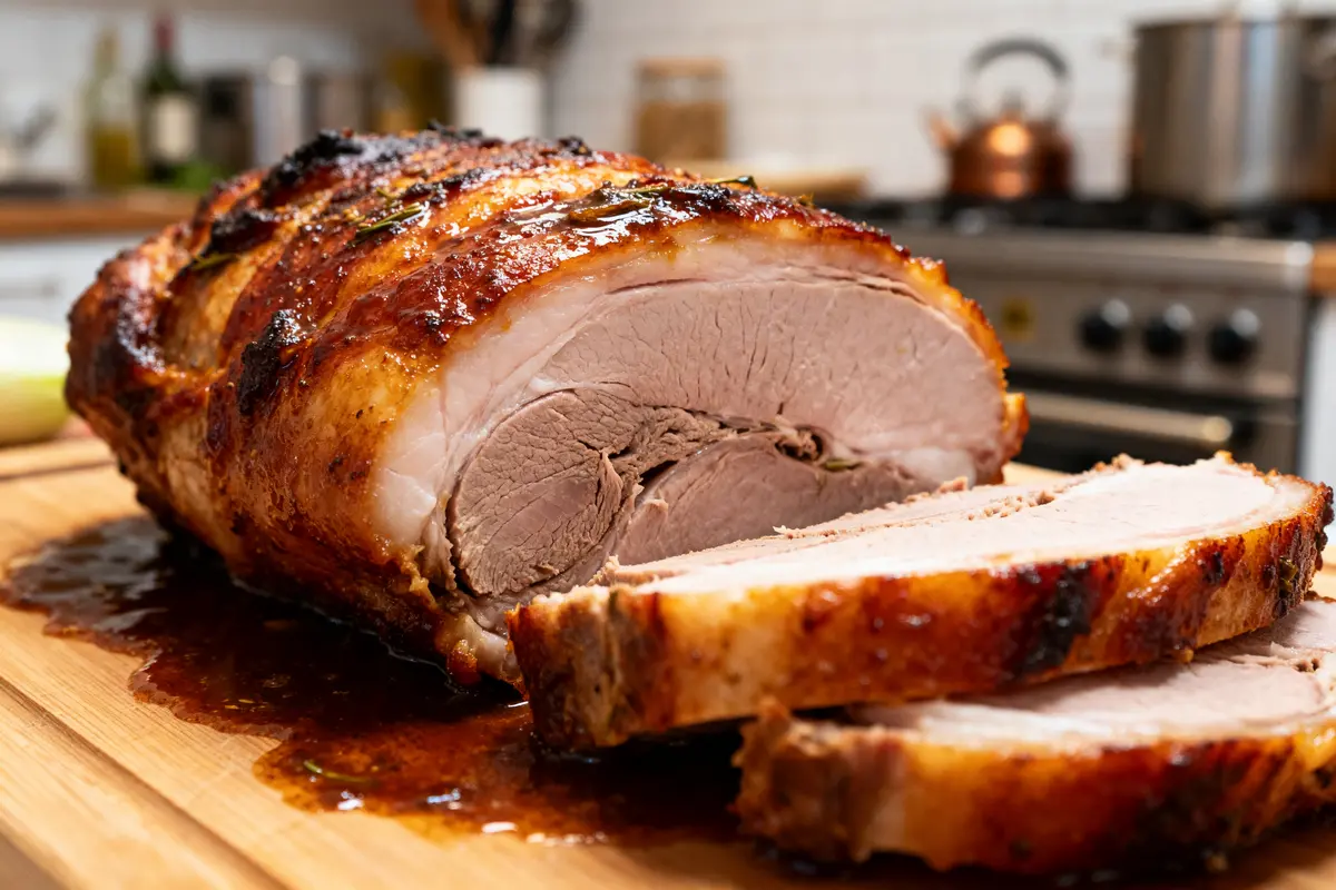 Rôti de porc tranché montrant le temps de cuisson de travers de porc au four