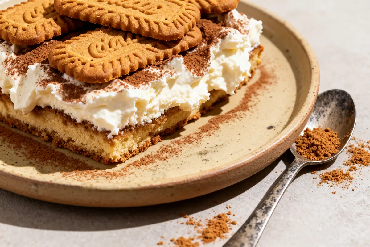 Tiramisu aux spéculoos garni de crème, biscuits et cacao sur assiette et cuillère adjacente