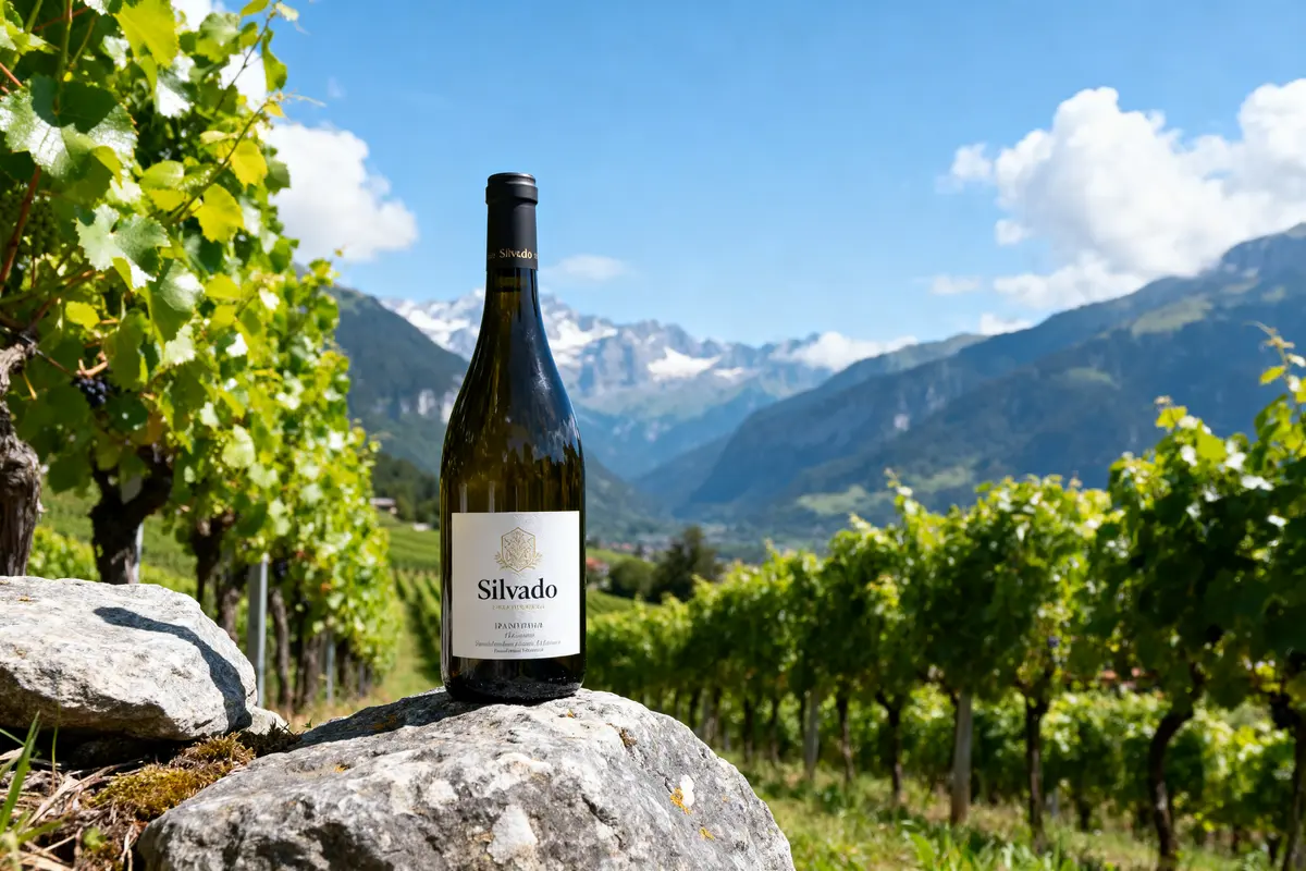 Bouteille de vin Silvado posée sur rocher, vignoble alpin en arrière-plan.