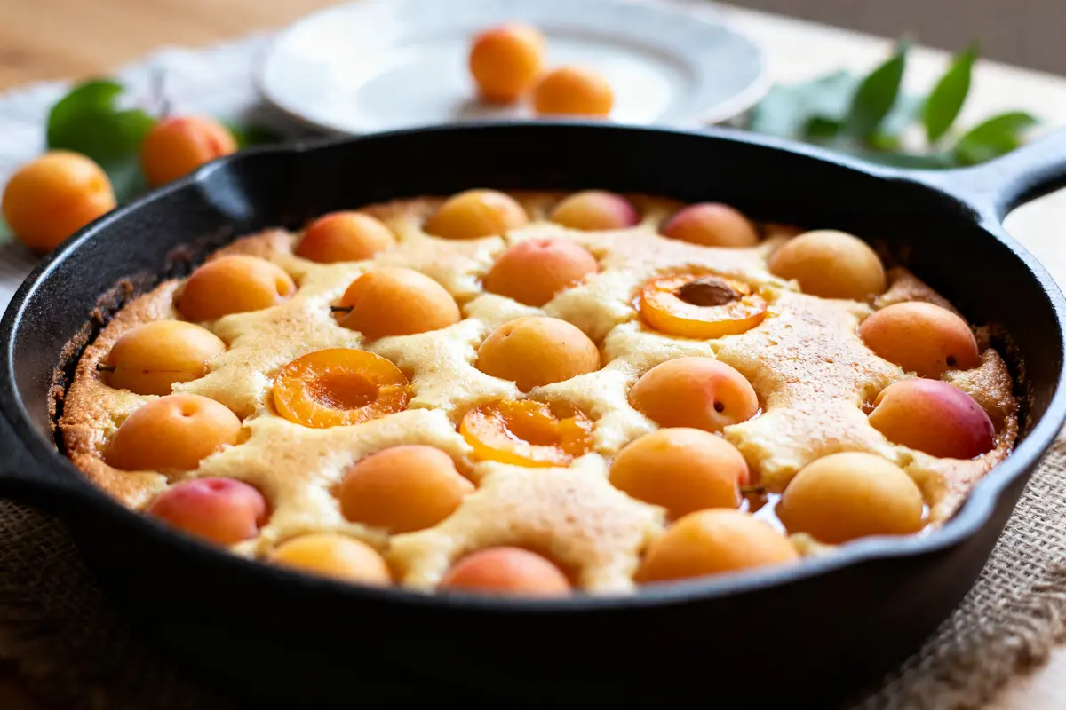 Clafoutis aux mirabelles fraîchement sorti du four dans un plat en fonte noir