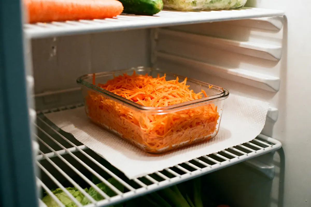 Carottes râpées dans un plat en verre pour conserver des carottes râpées au réfrigérateur
