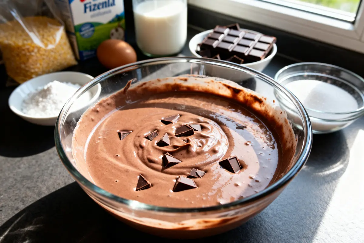 Bol de crème chocolat rapide Maïzena avec ingrédients sur table de cuisine éclairée.