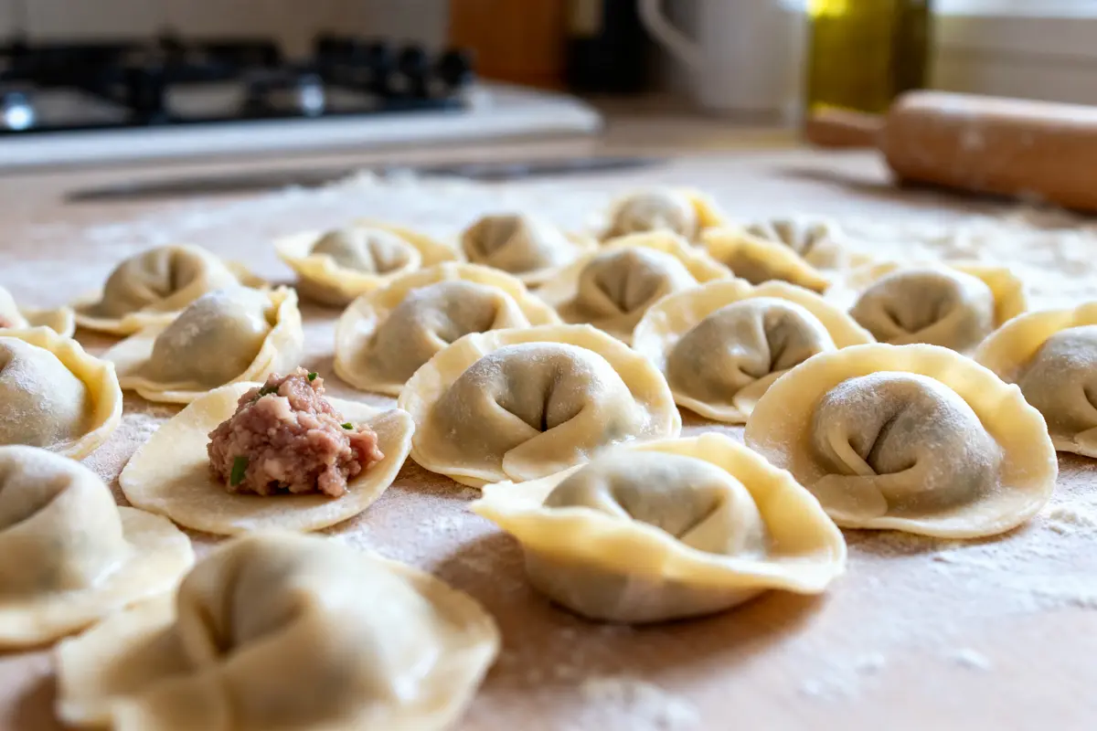 Préparation artisanale de dumplings pelmeni avec garniture de viande sur plan de travail fariné