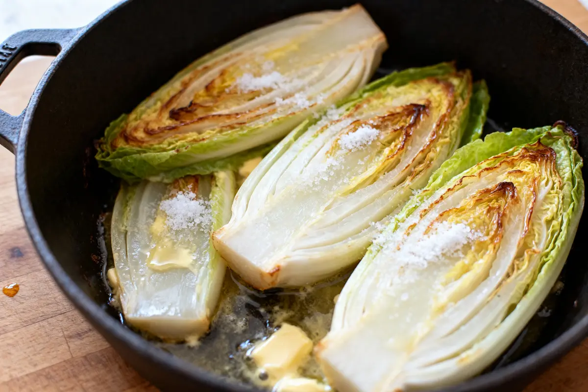 Endives braisées au four dans une poêle en fonte avec beurre et sel