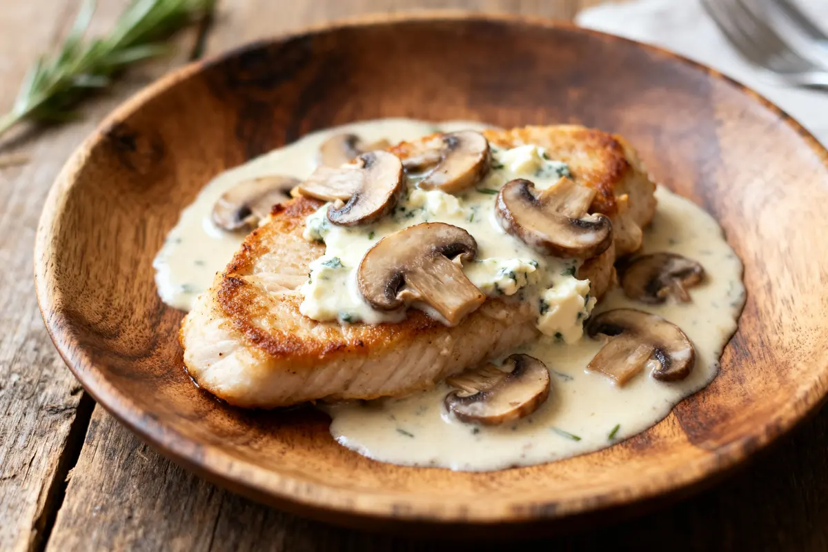 Plat de filet mignon au boursin et champignons dans une sauce crémeuse sur assiette bois