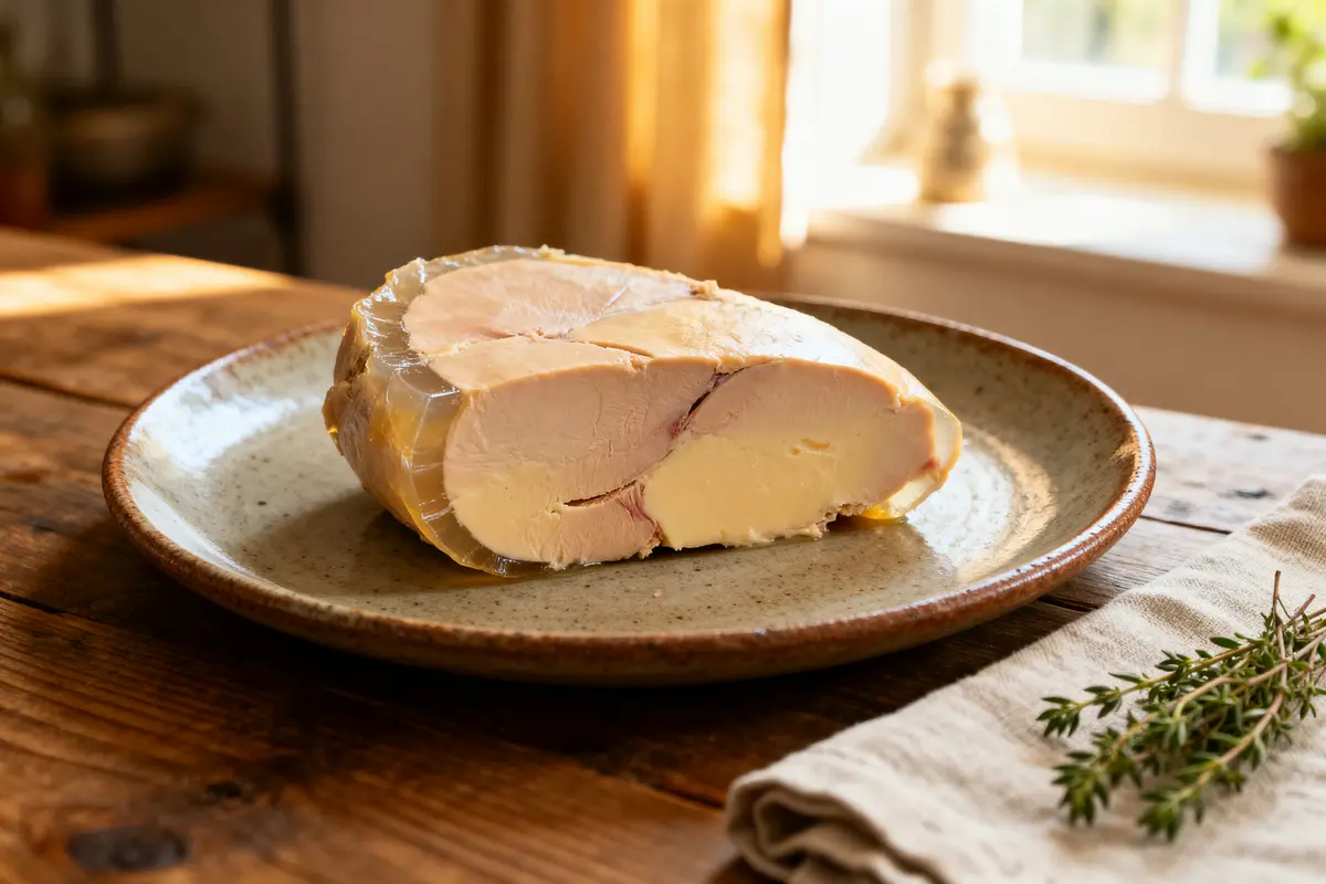 Foie gras pas assez cuit sur assiette en céramique dans cuisine ensoleillée