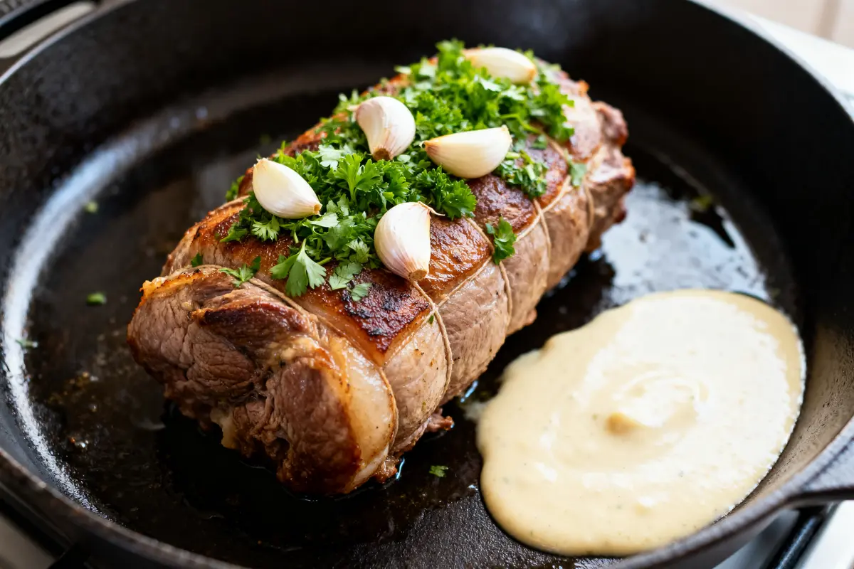 Rôti avec ail et persil en cuisson, servi avec fraise de veau crémeuse.