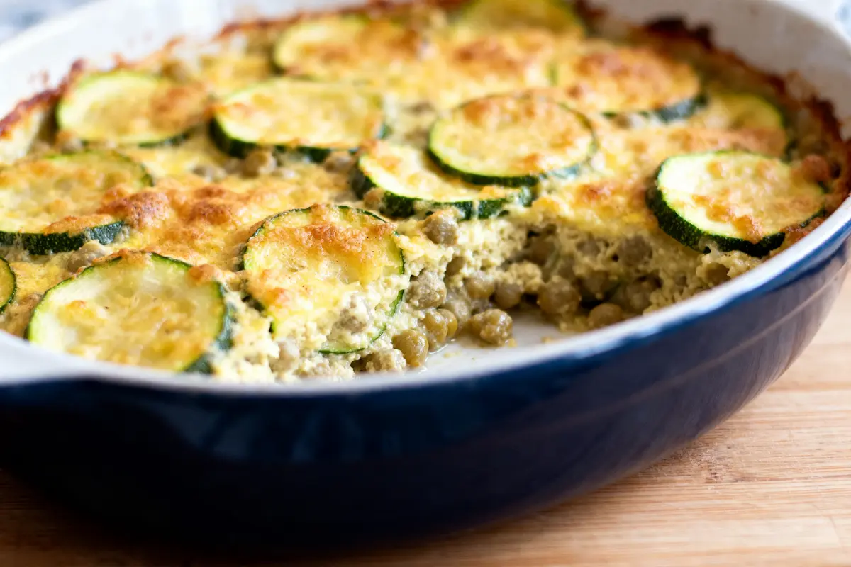 Plat de gratin de courgettes sans oeufs doré et croquant servi dans un plat ovale